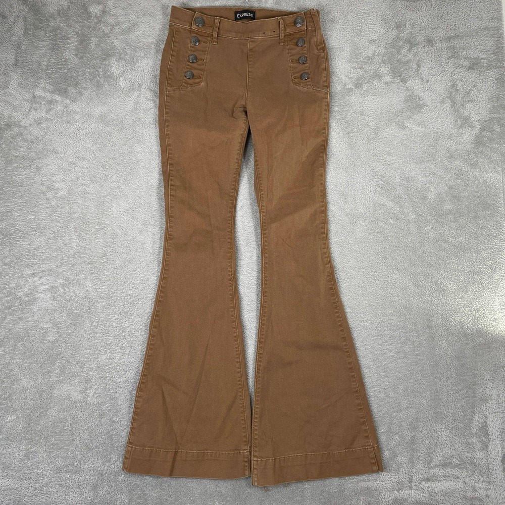 Express Bell Flare Jeans Womens 0 Brown Sailor Button Mid Rise Stretch Y2K Boho